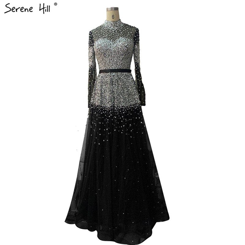 Serene Hill Black Silver A-Line High Neck Evening Dresses Sequined Long Sleeves Sexy Formal 2025 For Women Party LA70066 Black / 16W