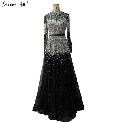 Serene Hill Black Silver A-Line High Neck Evening Dresses Sequined Long Sleeves Sexy Formal 2025 For Women Party LA70066 - SERENE HILL