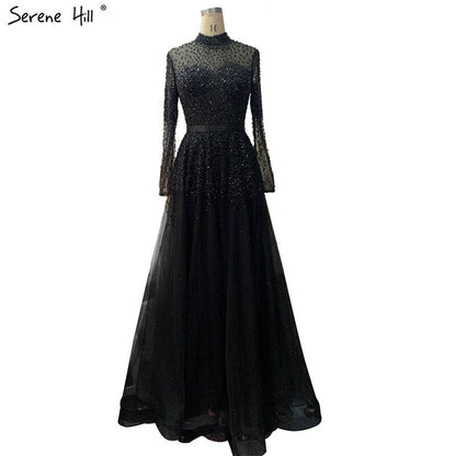 Serene Hill Black Silver A-Line High Neck Evening Dresses Sequined Long Sleeves Sexy Formal 2025 For Women Party LA70066 - SERENE HILL