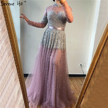 Serene Hill Black Silver A-Line High Neck Evening Dresses Sequined Long Sleeves Sexy Formal 2025 For Women Party LA70066 - SERENE HILL