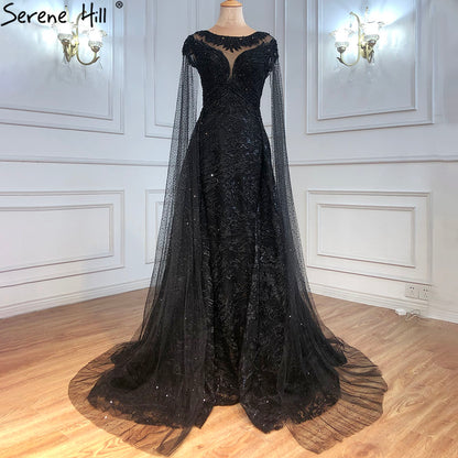 Serene Hill Black Sleeves Luxury 2025 Lace Beaded Cape Sleeves Mermaid Evening Gowns Elegant For Woman Party LA71173 - SERENE HILL