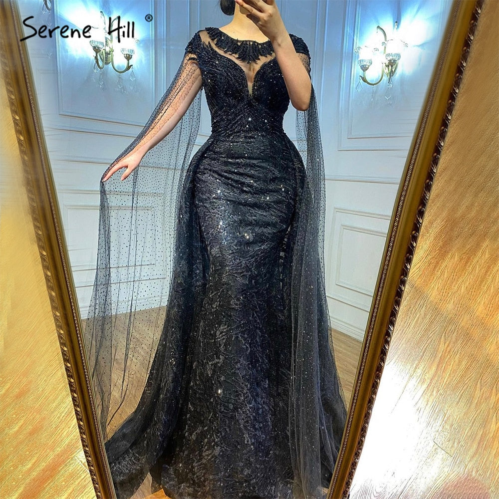 Serene Hill Black Sleeves Luxury 2025 Lace Beaded Cape Sleeves Mermaid Evening Gowns Elegant For Woman Party LA71173 - SERENE HILL