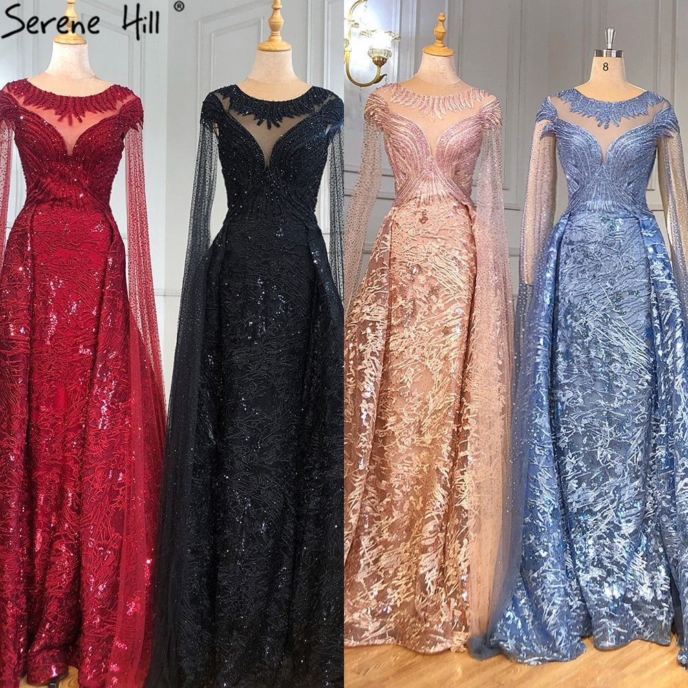 Serene Hill Black Sleeves Luxury 2025 Lace Beaded Cape Sleeves Mermaid Evening Gowns Elegant For Woman Party LA71173 - SERENE HILL