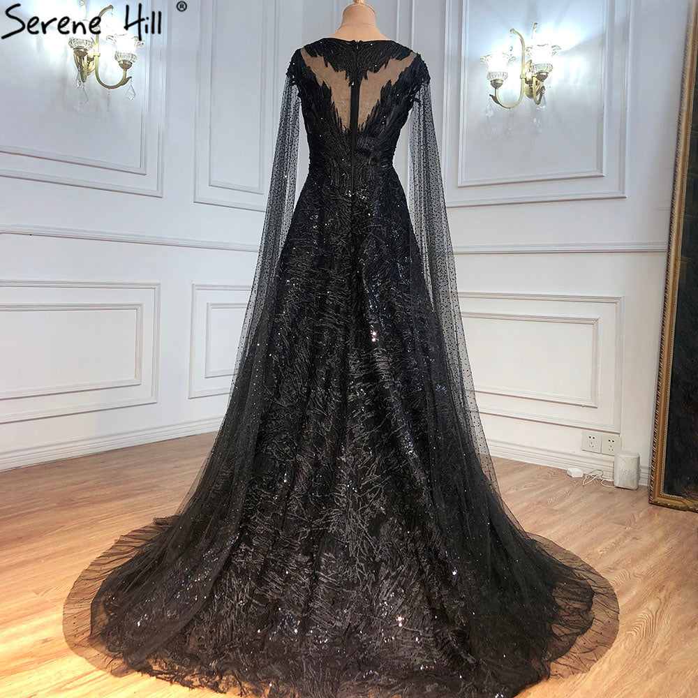 Serene Hill Black Sleeves Luxury 2025 Lace Beaded Cape Sleeves Mermaid Evening Gowns Elegant For Woman Party LA71173 - SERENE HILL