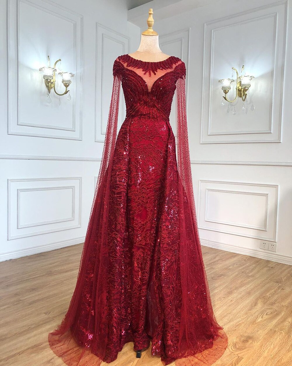 Serene Hill Black Sleeves Luxury 2025 Lace Beaded Cape Sleeves Mermaid Evening Gowns Elegant For Woman Party LA71173 - SERENE HILL