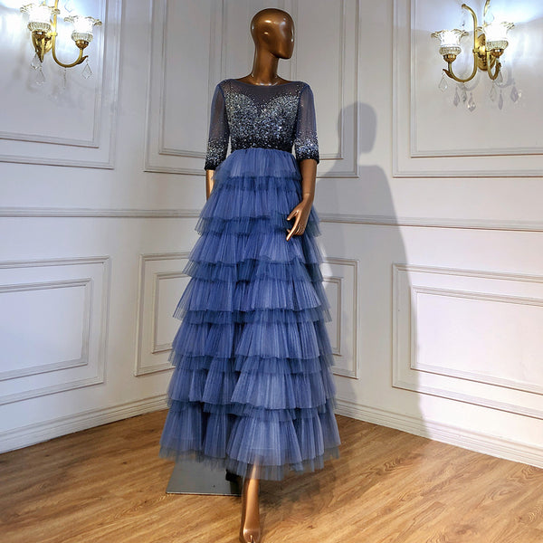 Serene Hill Blauw Tiered Rok Avond Jurken 2025 Kralen Half Mouwen A-lijn Voor Vrouwen Wedding Party LA71553
