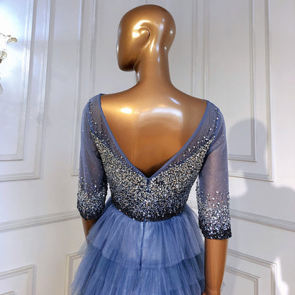 Serene Hill Blauw Tiered Rok Avond Jurken 2025 Kralen Half Mouwen A-lijn Voor Vrouwen Wedding Party LA71553 - SERENE HILL