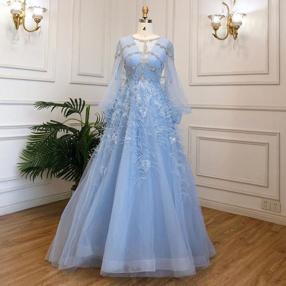 Serene Hill Blue A-Line Luxury Evening Dresses Gowns Long 2025 Beaded Feather For Women Party LA71495 - SERENE HILL