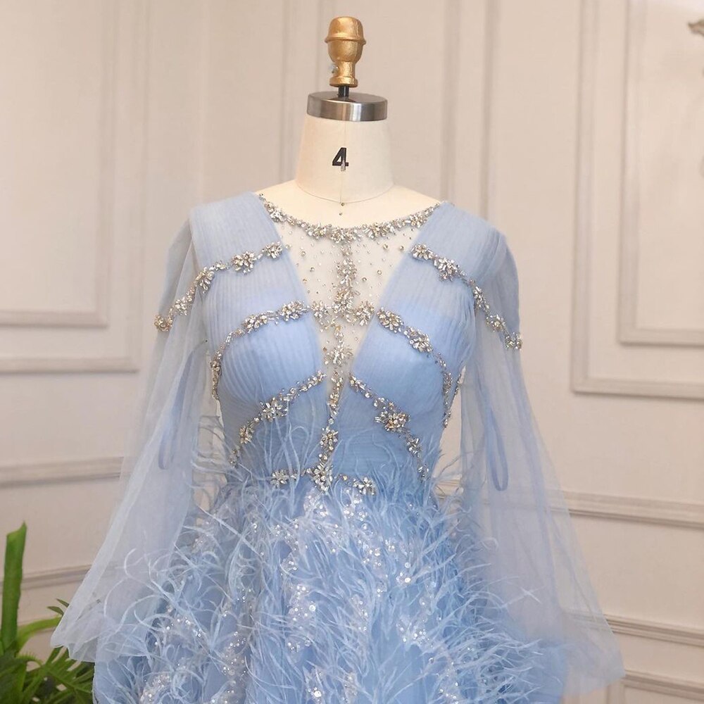 Serene Hill Blue A-Line Luxury Evening Dresses Gowns Long 2025 Beaded Feather For Women Party LA71495 - SERENE HILL