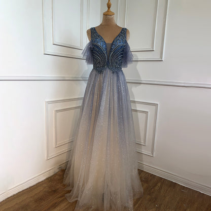 On Sale No Return No Refund Serene Hill Blue A-Line Sexy Evening Dresses Gowns 2025 Beaded Luxury For Women Wedding Party LA70775 - SERENE HILL