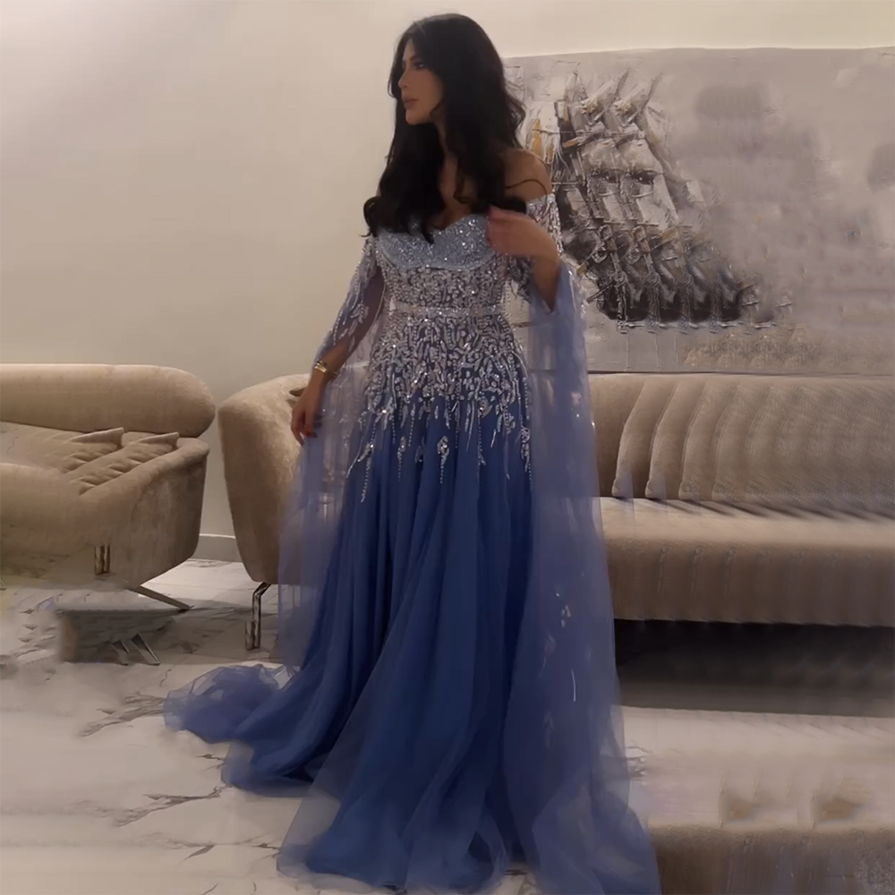 Serene Hill Blue A-Line Sexy Off Shoulder Cape Sleeves Beaded Luxury Evening Dresses Gowns For Women Arabic Party 2025 LA71836 - SERENE HILL