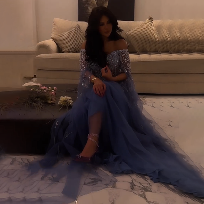 Serene Hill Blue A-Line Sexy Off Shoulder Cape Sleeves Beaded Luxury Evening Dresses Gowns For Women Arabic Party 2025 LA71836 - SERENE HILL