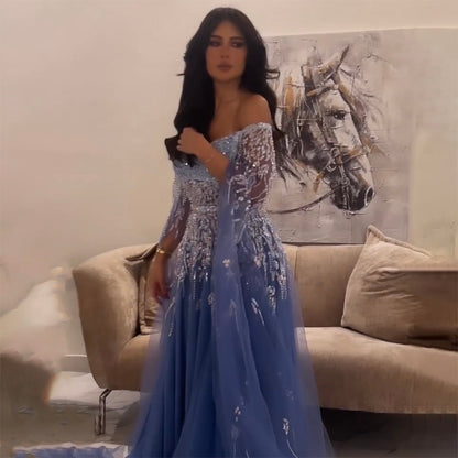 Serene Hill Blue A-Line Sexy Off Shoulder Cape Sleeves Beaded Luxury Evening Dresses Gowns For Women Arabic Party 2025 LA71836 - SERENE HILL