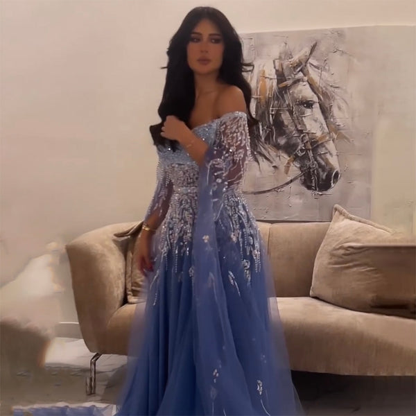 Serene Hill Blue A-Line Sexy Off Shoulder Cape Sleeves Beaded Luxury Evening Dresses Gowns For Women Arabic Party 2025 LA71836