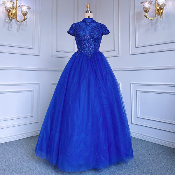 Serene Hill Blue Ball Gown Short Sleeves Tulle Luxury Beaded Evening Dresses Gowns2025 For Women Party LA70477