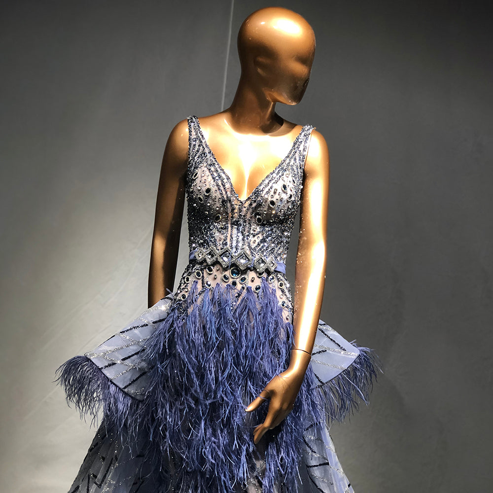 Serene Hill Blue Beaded Feather Evening Dresses Gowns 2025 Mermaid Luxury Elegant Overskirt For Women Wedding Party LA71586 - SERENE HILL