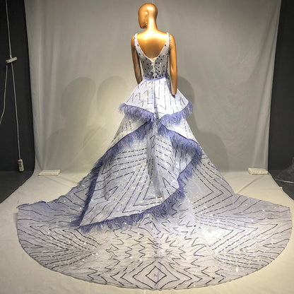 Serene Hill Blue Beaded Feather Evening Dresses Gowns 2025 Mermaid Luxury Elegant Overskirt For Women Wedding Party LA71586 - SERENE HILL
