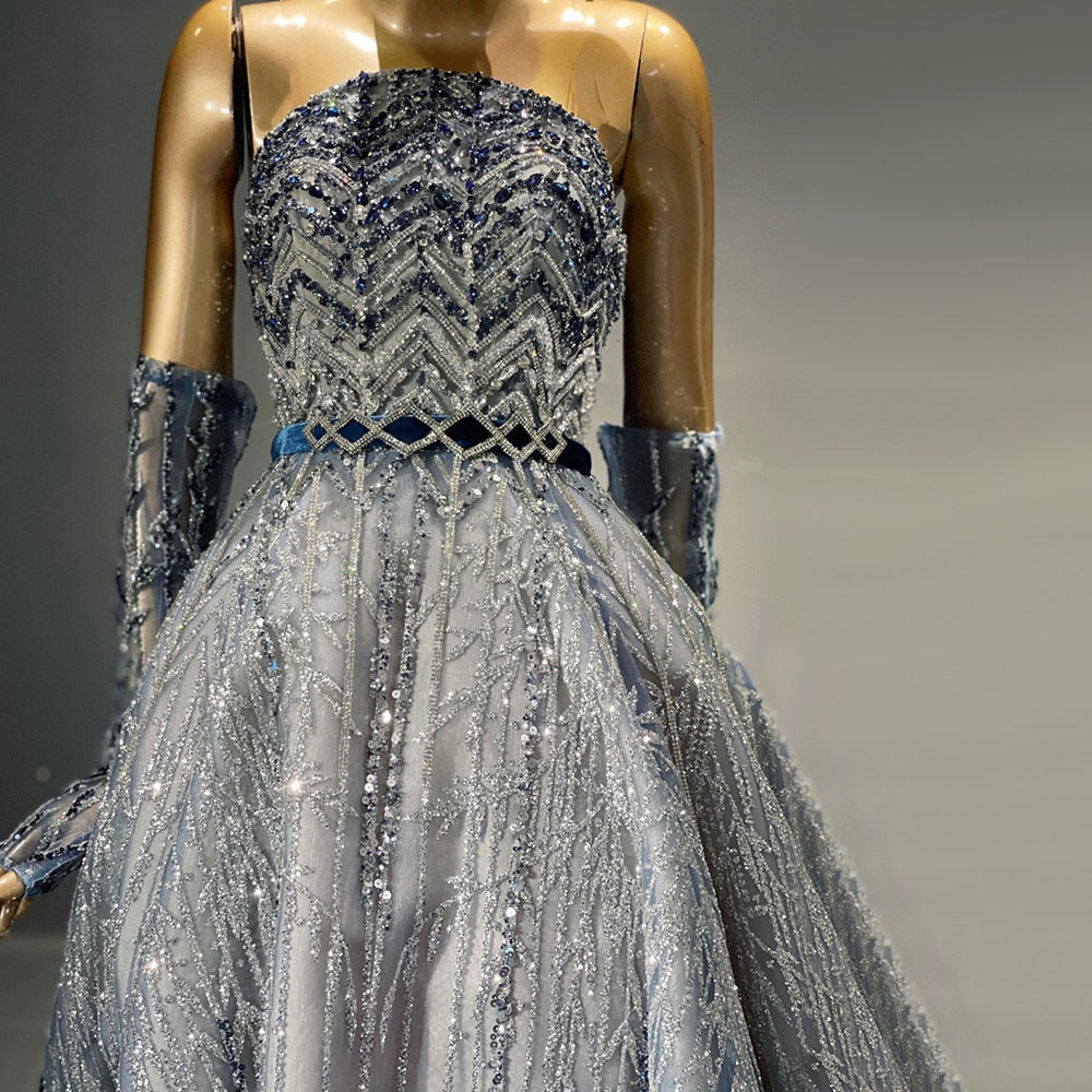 Serene Hill Blue Beaded Luxury Evening Dresses Gowns 2025 Detachable Sleeves A-Line For Women Party LA71506 - SERENE HILL