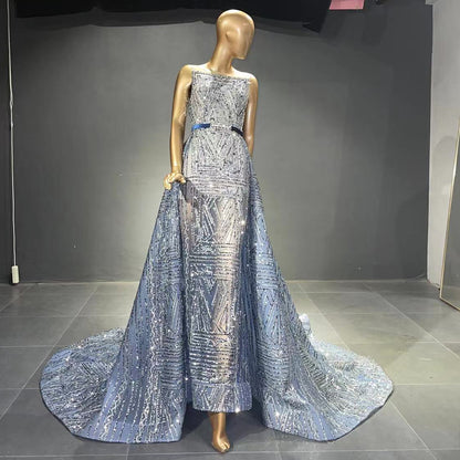 Serene Hill Blue Beaded Sleeveless Evening Dresses Gowns 2025 Luxury A-Line Overskirt For Women Wedding Party LA71588 - SERENE HILL
