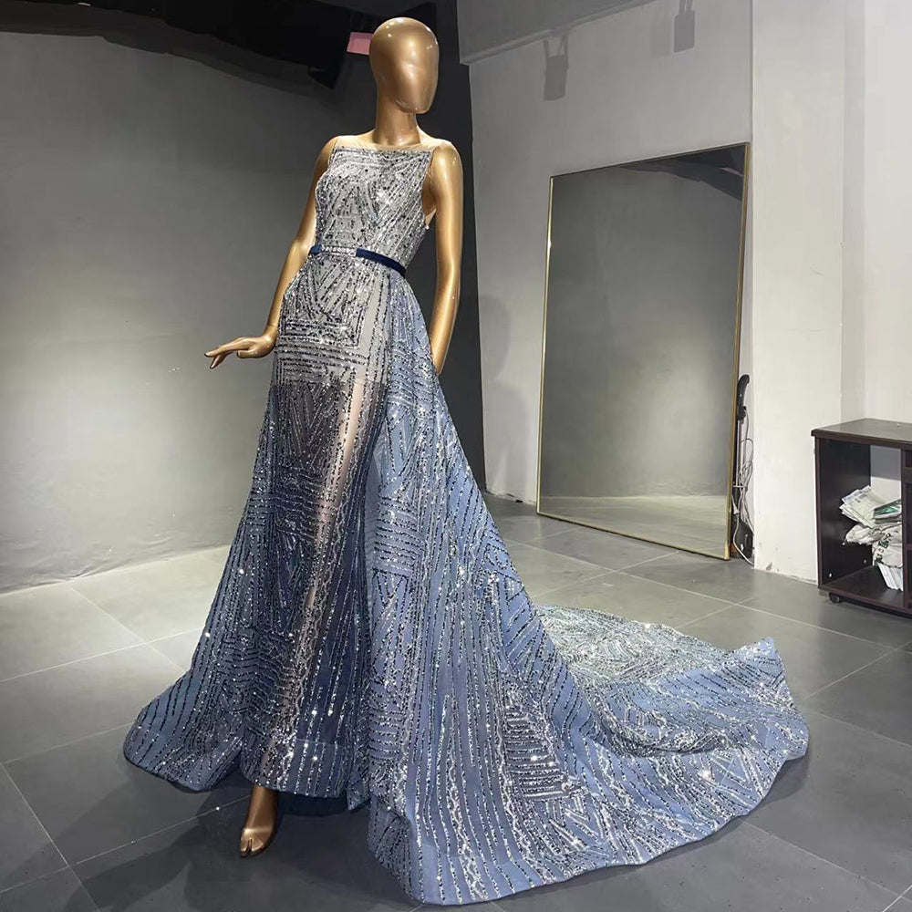 Serene Hill Blue Beaded Sleeveless Evening Dresses Gowns 2025 Luxury A-Line Overskirt For Women Wedding Party LA71588 - SERENE HILL
