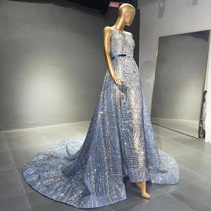 Serene Hill Blue Beaded Sleeveless Evening Dresses Gowns 2025 Luxury A-Line Overskirt For Women Wedding Party LA71588 - SERENE HILL