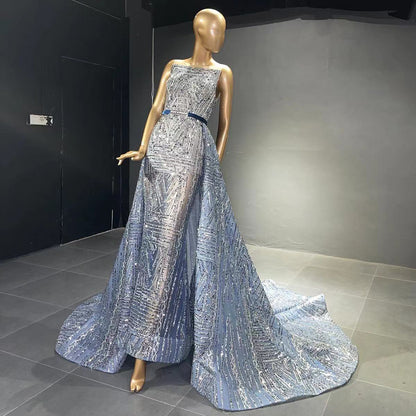 Serene Hill Blue Beaded Sleeveless Evening Dresses Gowns 2025 Luxury A-Line Overskirt For Women Wedding Party LA71588 - SERENE HILL