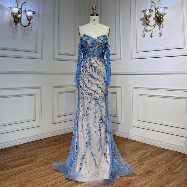 Serene Hill Blue Boat Neck Long Sleeves Mermaid Evening Dresses 2025 Formal Gowns For Women Wedding Party LA71653C