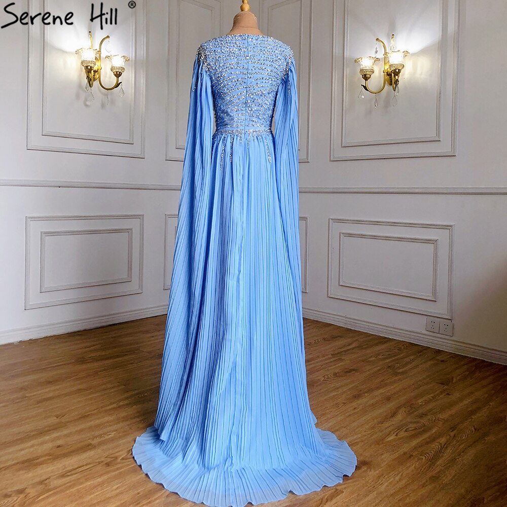 Serene Hill Blue Cape Sleeves Evening Dresses Gowns 2025 Beaded A-Line Chiffon For Women Party LA71319 - SERENE HILL