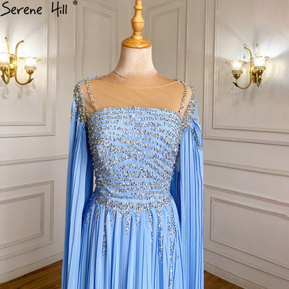 Serene Hill Blue Cape Sleeves Evening Dresses Gowns 2025 Beaded A-Line Chiffon For Women Party LA71319 - SERENE HILL