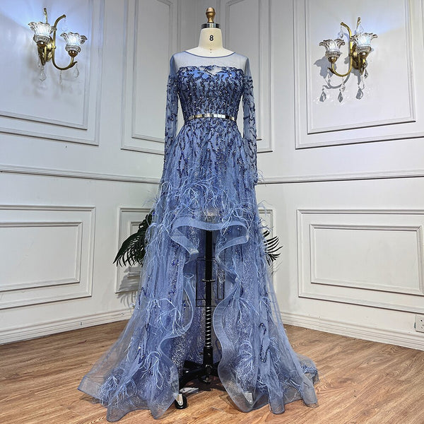 Serene Hill Blue Elegant A Line Lace Beaded Feathers Arabic Luxury Evening Dresses Gowns 2025 For Women Wedding Party LA71935A
