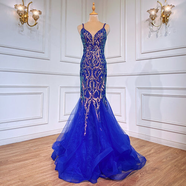 Serene Hill Blue Elegant Mermaid Sexy Backless Spaghetti Straps Beaded Luxury Arabic Evening Dresses Gowns For Women Party LA71791