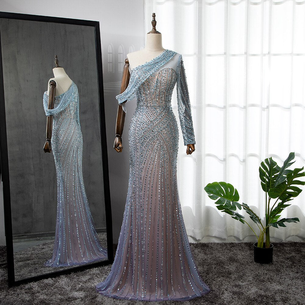 Serene Hill Blue Elegant Mermaid Sexy One Shoulder Beaded Luxury Evening Dresses Gowns For Women Party 2025 LA71429A - SERENE HILL