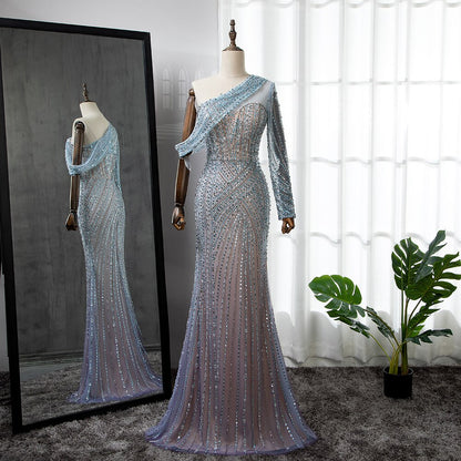 Serene Hill Blue Elegant Mermaid Sexy One Shoulder Beaded Luxury Evening Dresses Gowns For Women Party 2025 LA71429A - SERENE HILL