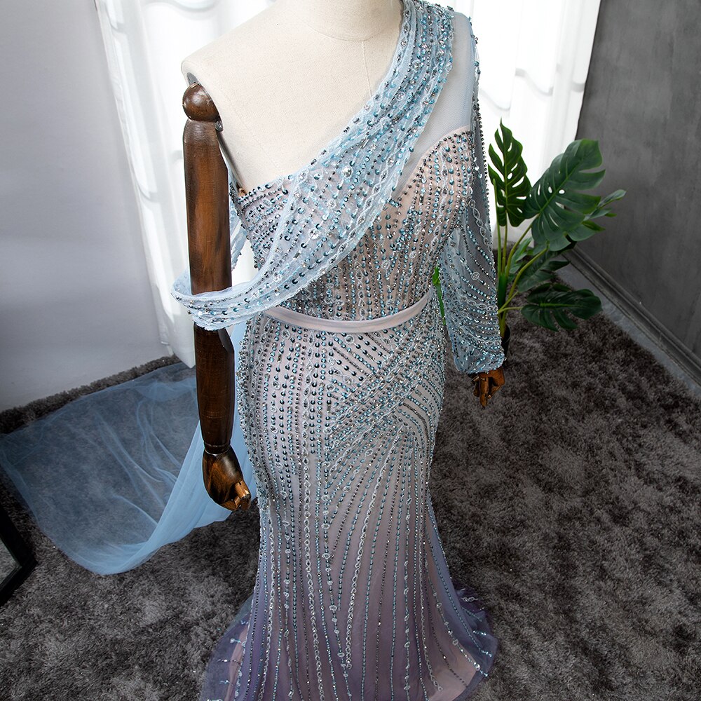 Serene Hill Blue Elegant Mermaid Sexy One Shoulder Beaded Luxury Evening Dresses Gowns For Women Party 2025 LA71429A - SERENE HILL