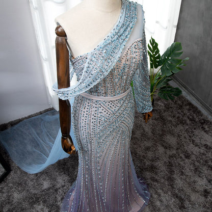 Serene Hill Blue Elegant Mermaid Sexy One Shoulder Beaded Luxury Evening Dresses Gowns For Women Party 2025 LA71429A - SERENE HILL