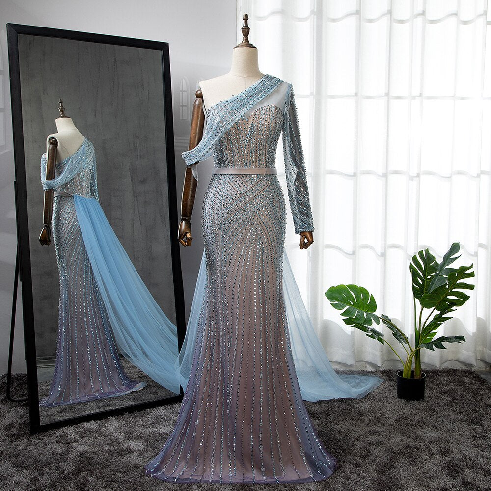 Serene Hill Blue Elegant Mermaid Sexy One Shoulder Beaded Luxury Evening Dresses Gowns For Women Party 2025 LA71429A - SERENE HILL