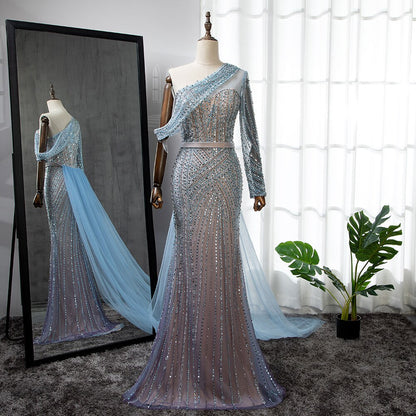 Serene Hill Blue Elegant Mermaid Sexy One Shoulder Beaded Luxury Evening Dresses Gowns For Women Party 2025 LA71429A - SERENE HILL