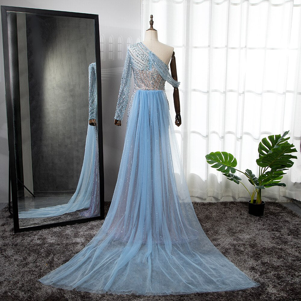 Serene Hill Blue Elegant Mermaid Sexy One Shoulder Beaded Luxury Evening Dresses Gowns For Women Party 2025 LA71429A - SERENE HILL