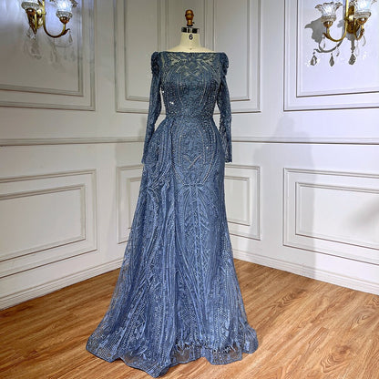 Serene Hill Blue Elegant Over Skirt Mermaid Sexy Lace Beaded Luxury Evening Dresses Gowns For Women Muslim Party 2025 LA71833 - SERENE HILL