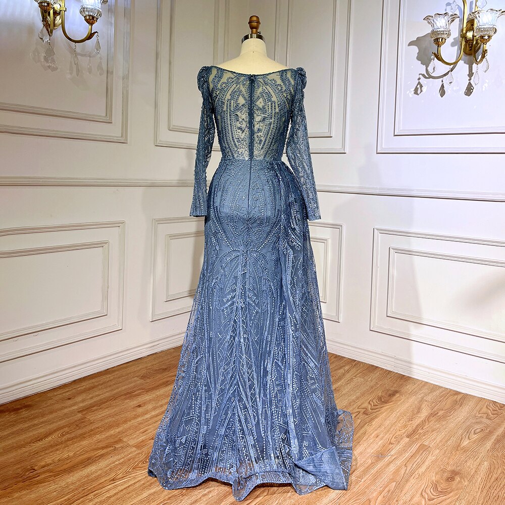 Serene Hill Blue Elegant Over Skirt Mermaid Sexy Lace Beaded Luxury Evening Dresses Gowns For Women Muslim Party 2025 LA71833 - SERENE HILL
