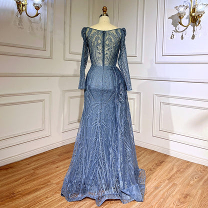 Serene Hill Blue Elegant Over Skirt Mermaid Sexy Lace Beaded Luxury Evening Dresses Gowns For Women Muslim Party 2025 LA71833 - SERENE HILL