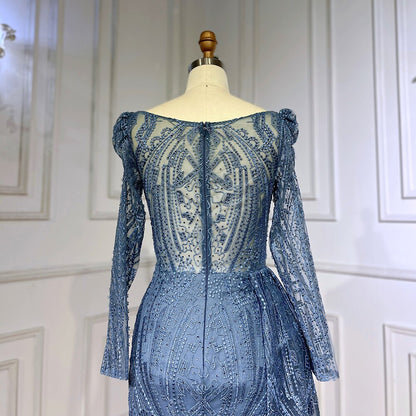 Serene Hill Blue Elegant Over Skirt Mermaid Sexy Lace Beaded Luxury Evening Dresses Gowns For Women Muslim Party 2025 LA71833 - SERENE HILL