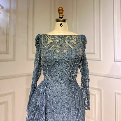 Serene Hill Blue Elegant Over Skirt Mermaid Sexy Lace Beaded Luxury Evening Dresses Gowns For Women Muslim Party 2025 LA71833 - SERENE HILL