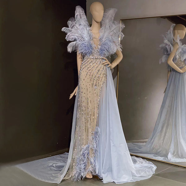 Serene Hill Blue Feather Beaded Evening Dresses Gowns 2025 Mermaid Luxury Elegant For Women Party LA71587