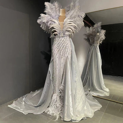 Serene Hill Blue Feather Beaded Evening Dresses Gowns 2025 Mermaid Luxury Elegant For Women Party LA71587 - SERENE HILL
