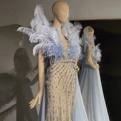 Serene Hill Blue Feather Beaded Evening Dresses Gowns 2025 Mermaid Luxury Elegant For Women Party LA71587 - SERENE HILL