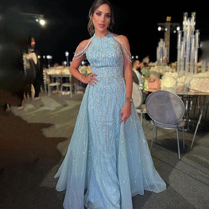 Serene Hill Blue Halter Sleeveless Mermaid Elegant Overskirt Beaded Evening Gown 2025 Formal Party Dresses For Women LA72054 - SERENE HILL