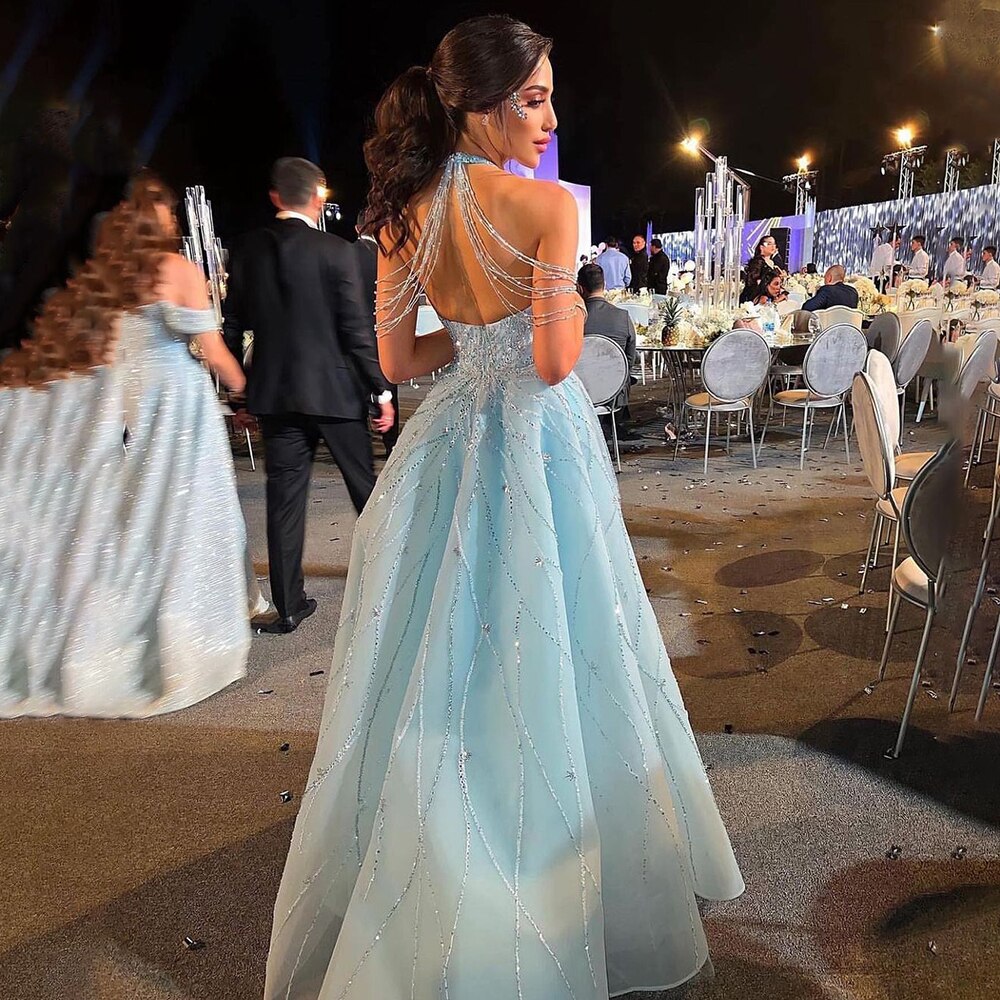 Serene Hill Blue Halter Sleeveless Mermaid Elegant Overskirt Beaded Evening Gown 2025 Formal Party Dresses For Women LA72054 - SERENE HILL