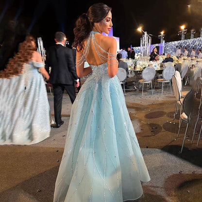 Serene Hill Blue Halter Sleeveless Mermaid Elegant Overskirt Beaded Evening Gown 2025 Formal Party Dresses For Women LA72054 - SERENE HILL