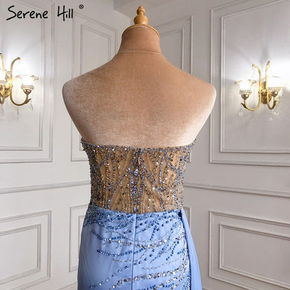 Serene Hill Blue High Split Mermaid Evening Dresses Gowns 2025 Beaded Elegant Stain For Women Party LA71262 - SERENE HILL